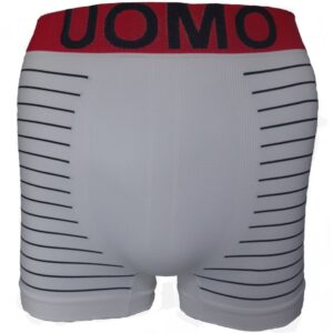 Witte boxershort met rode tailleband en zwart gestreept. Naadloze boxershort voor heren.