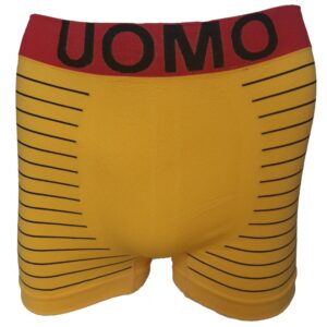 Zeer populaire naadloze heren boxershort in geel met zwarte lijnen, valt klein