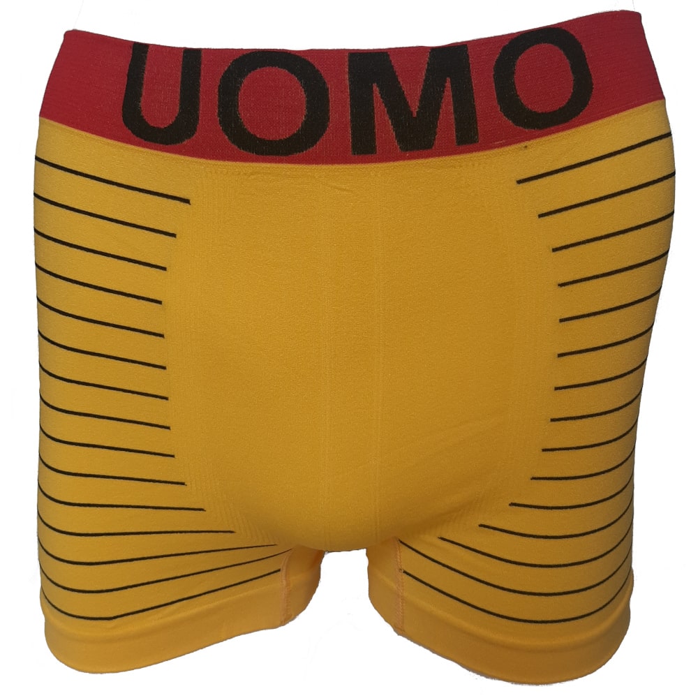 Zeer populaire naadloze heren boxershort in geel met zwarte lijnen, valt klein