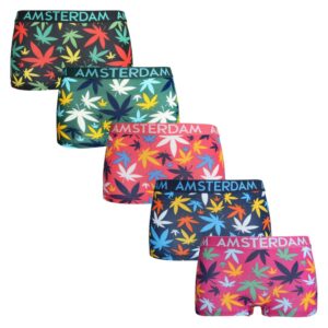 Set van 5 vrolijke katoenen boxershorts van het merk Amsterdam. Ideaal als ludiek cadeautje.