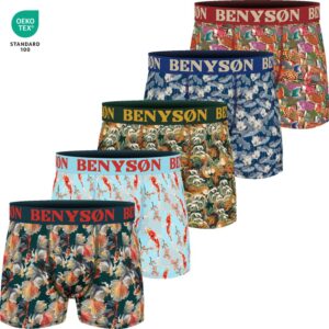 Prachtige set van 5 luxe herenboxershorts met kleurrijke prints van Benyson.