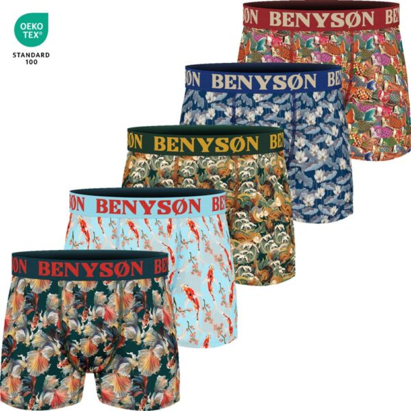 Prachtige set van 5 luxe herenboxershorts met kleurrijke prints van Benyson.
