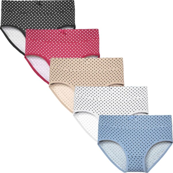 5 Pack dames slips met stipjesmotief. Ultra zachte slips van katoen met schattig strikje