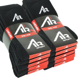 2 Bundels met 10 paar zwarte sportsokken van Naft met een hoog gehalte katoen om zweetvoeten te voorkomen.